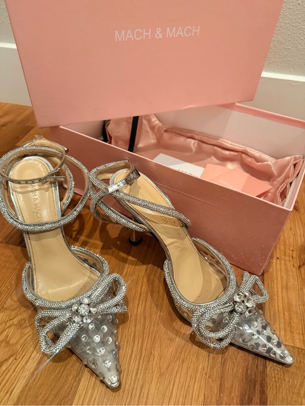MACH & MACH Silver Crystal Bow Pointed-Toe Stilettos